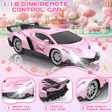 Growsland Remote Control Car for Girls, 1:18 Pink RC Cars Toys for Kids Girl Electric Vehicle Toy Car Hobby Racing Car with Ligh