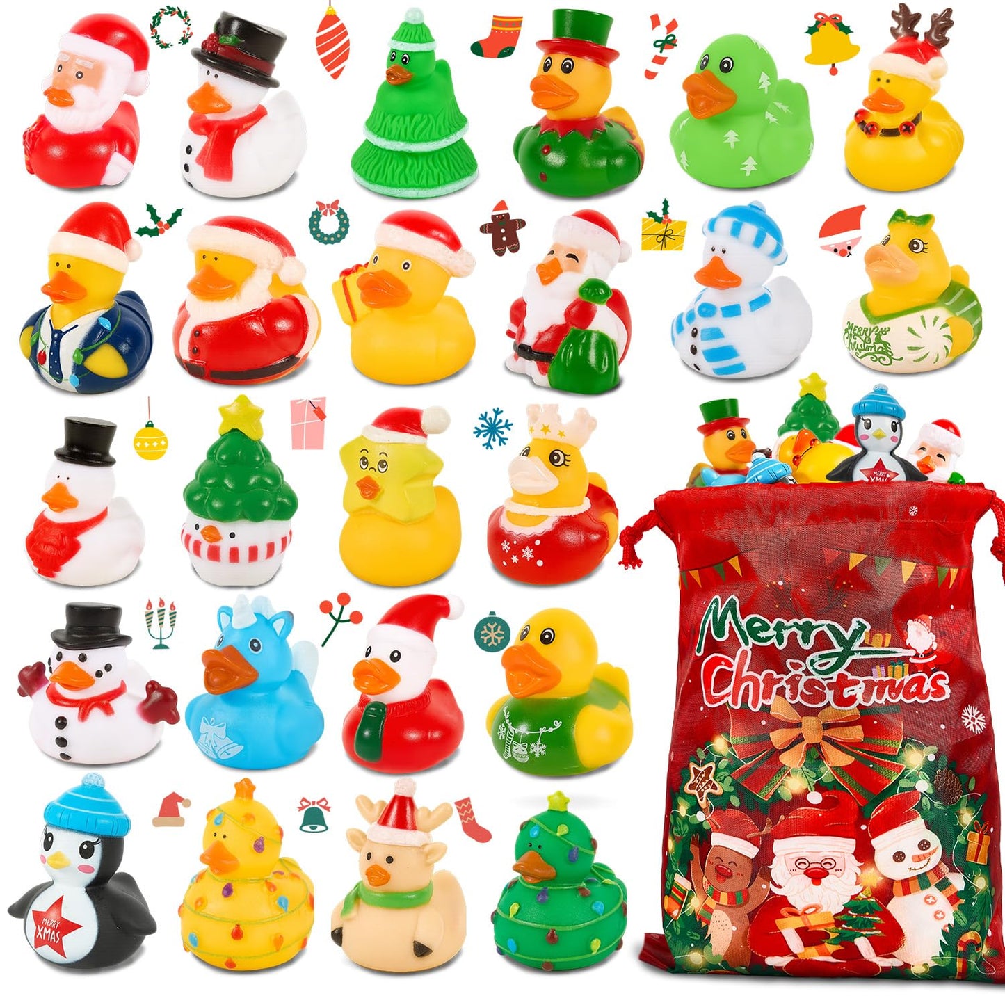 24 Pack Rubber Ducks Jeep Ducking with a Bag- 2 Christmas Assortment Duckies for Jeep Duck Christmas Themed Cruise Duck for Pool  Party Favors  Birthday Gifts  Classroom Incentives  Kids Bath Toys