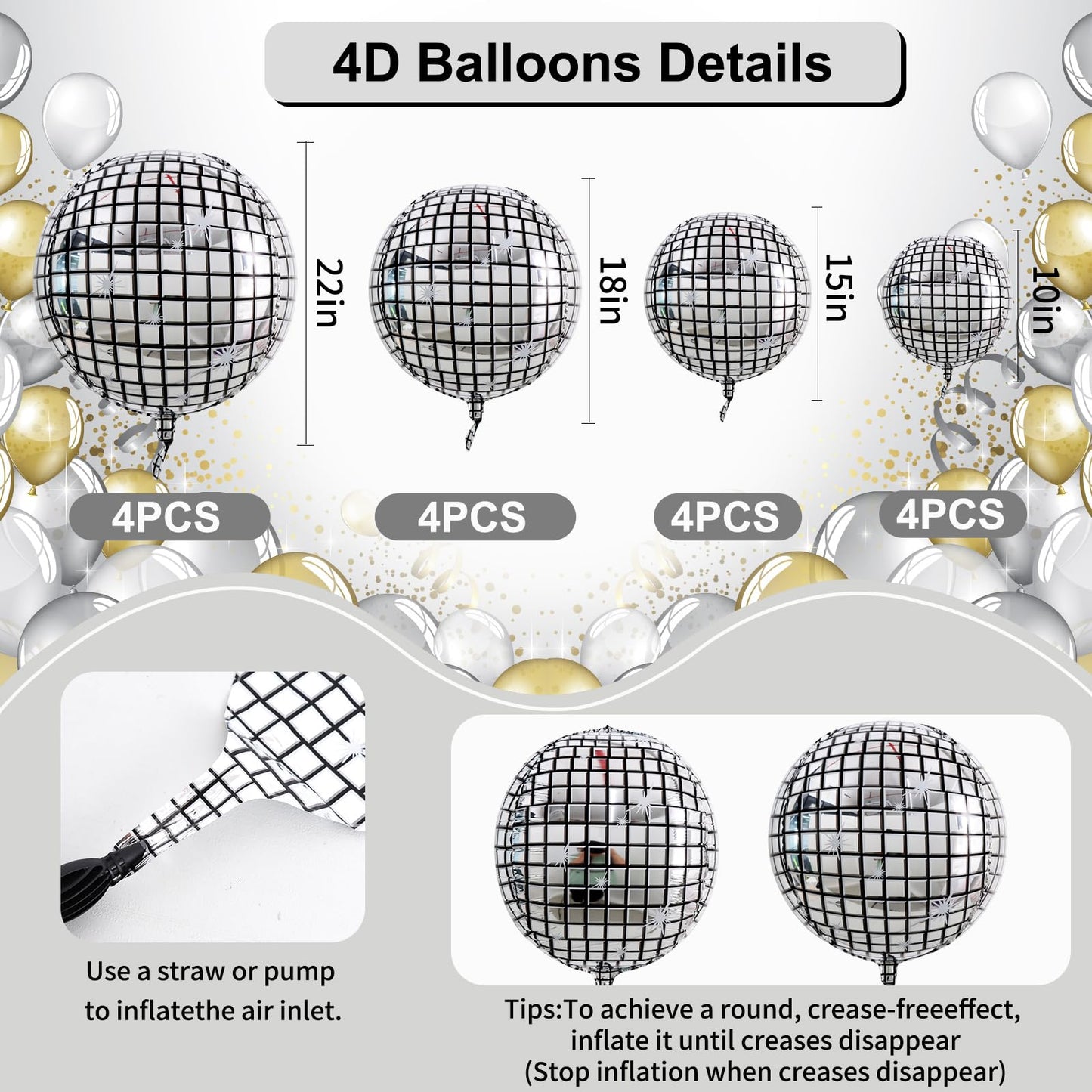 TONIFUL 16Pcs Large Disco 4D Giant Round Foil Balloon 4D Mirror Metallic Mylar Sephere Balloons for Christmas New Year Birthday
