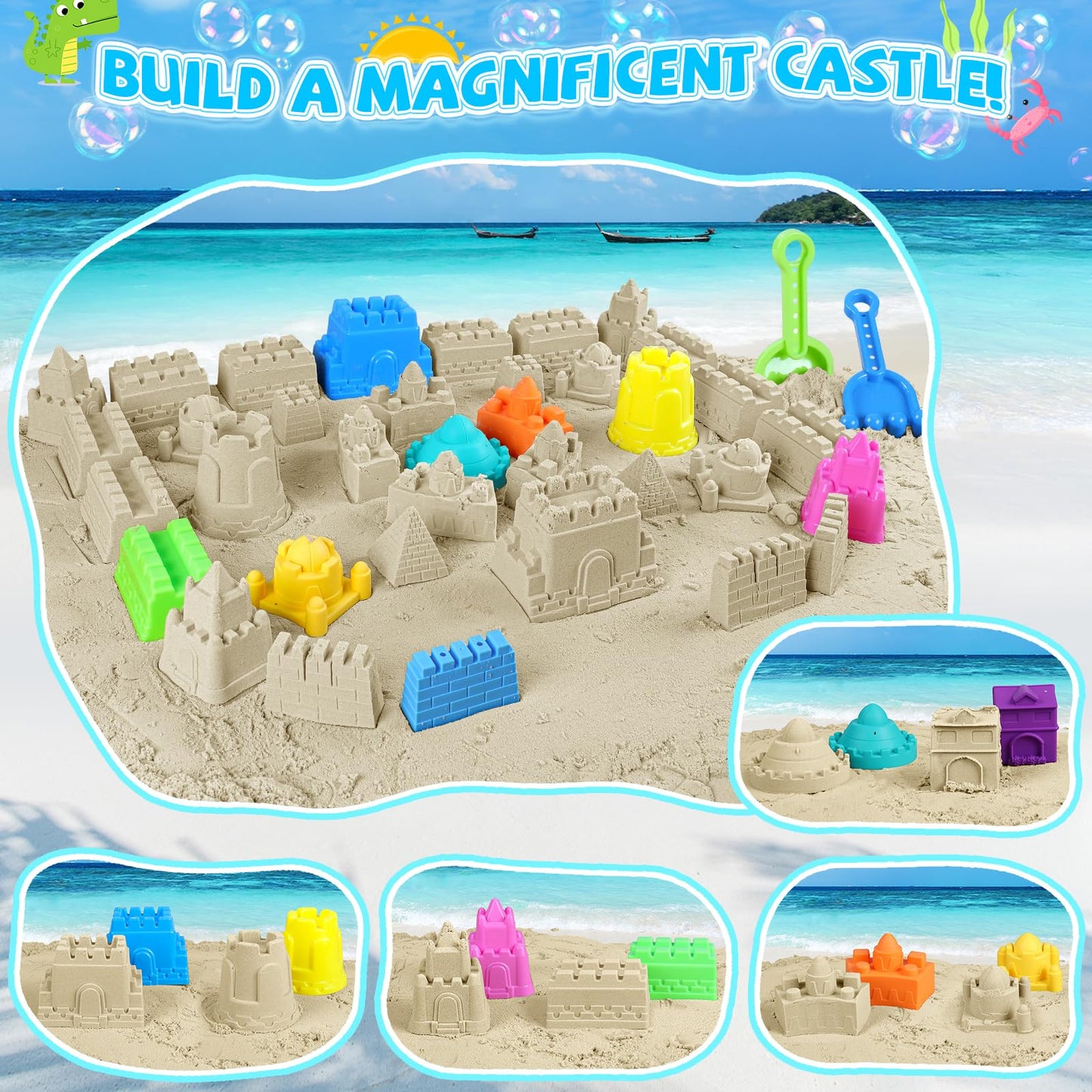 FHOZGECY Beach Toys, 40Pcs Sand Toys with 4 Toy Construction Vehicles, 4 Collapsible Beach Bucket, Sand Castle Building Kit, San