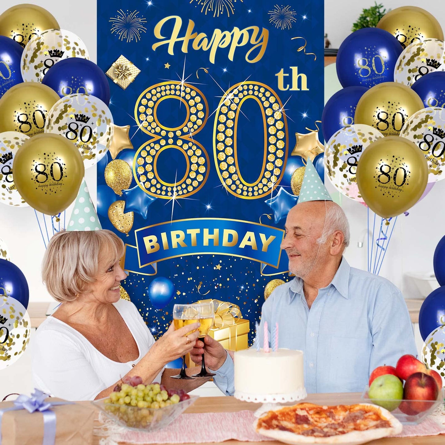 Rumia 80Th Birthday Party Decorations For Men Navy Blue Gold Happy Banner With 18Pcs Balloons Door Cover Backdrop Women Anniversary Sign Porch Decor Supplies