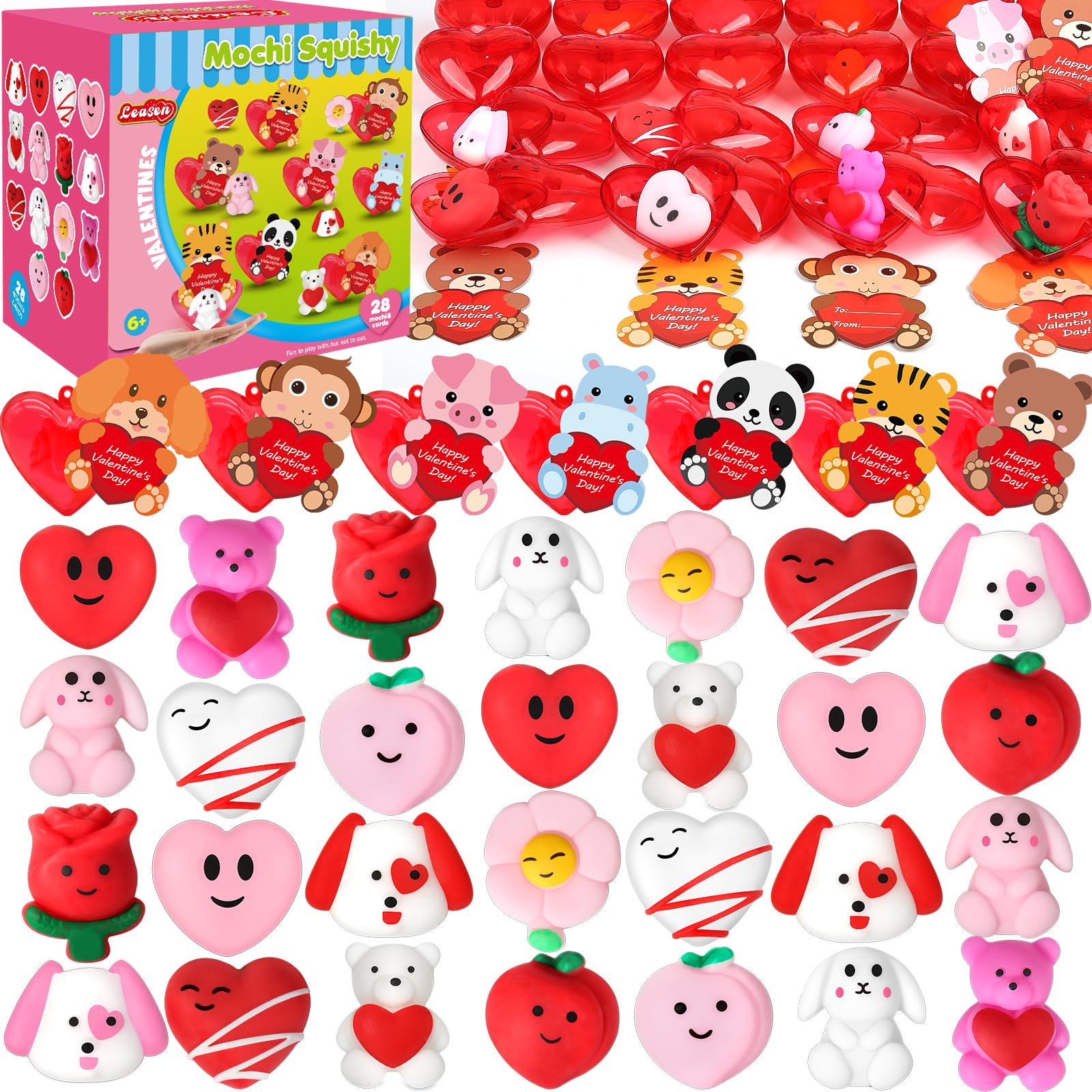 28 Pack Valentine Mochi Squishies Toys and Valentine Cards for Kids, Animal Mochi Squishies Filled Hearts, Kawaii Squishies Stre