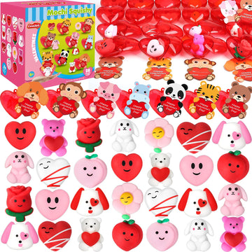 28 Pack Valentine Mochi Squishies Toys and Valentine Cards for Kids, Animal Mochi Squishies Filled Hearts, Kawaii Squishies Stre