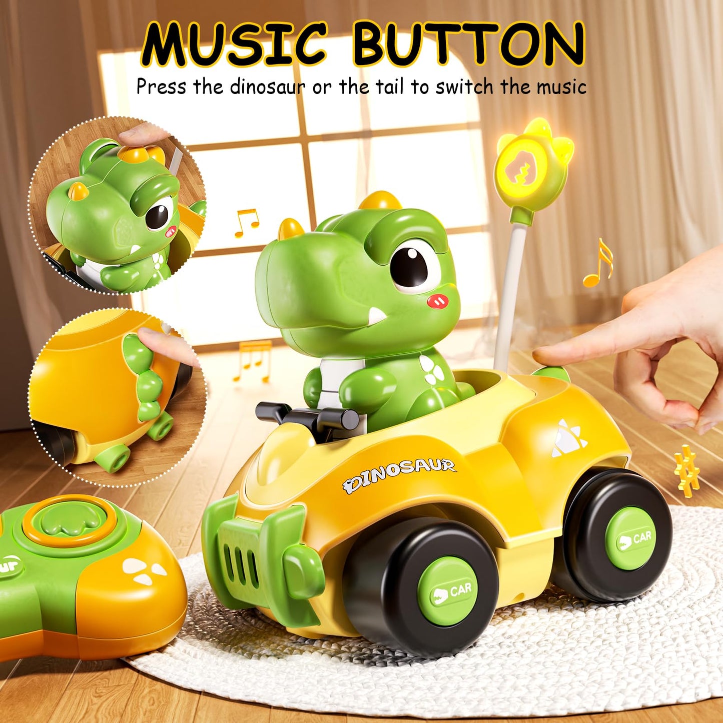 Jovow Dinosaur Remote Control Car for Toddlers,Two Dinosaur Toys Vehicles with LED Lights & Music,Electric RC Cars Toys for Boys