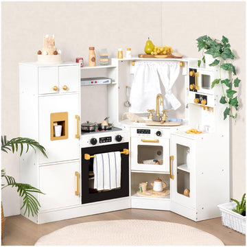 Interactive Wooden Toy Play Kitchen Playset For Kids - Realistic Lights & Sounds, Corner Design With 8 Accessories, Gift For Gir