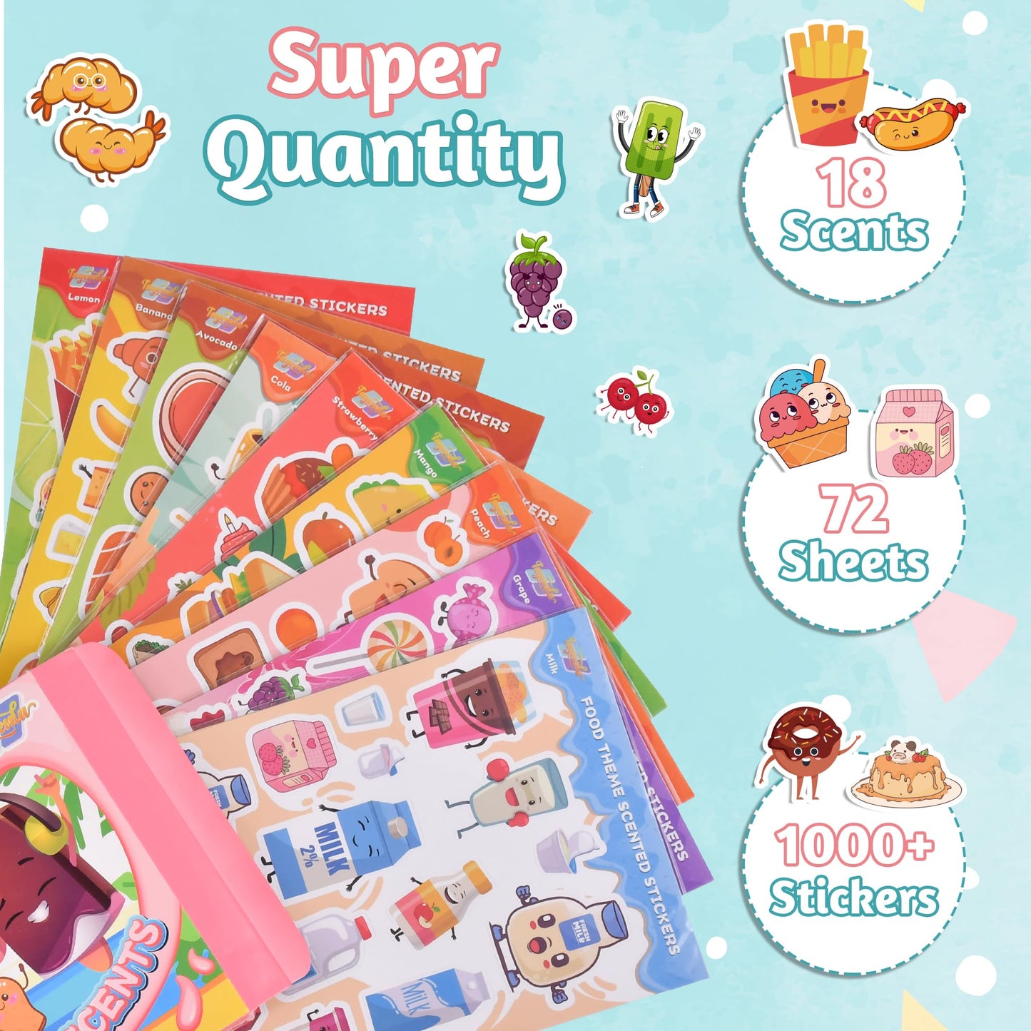 Tageenla Scratch and Sniff Stickers, 72 Sheets, 1500+ Scented Food Themes, Colorful Paper Stickers for Classroom Rewards