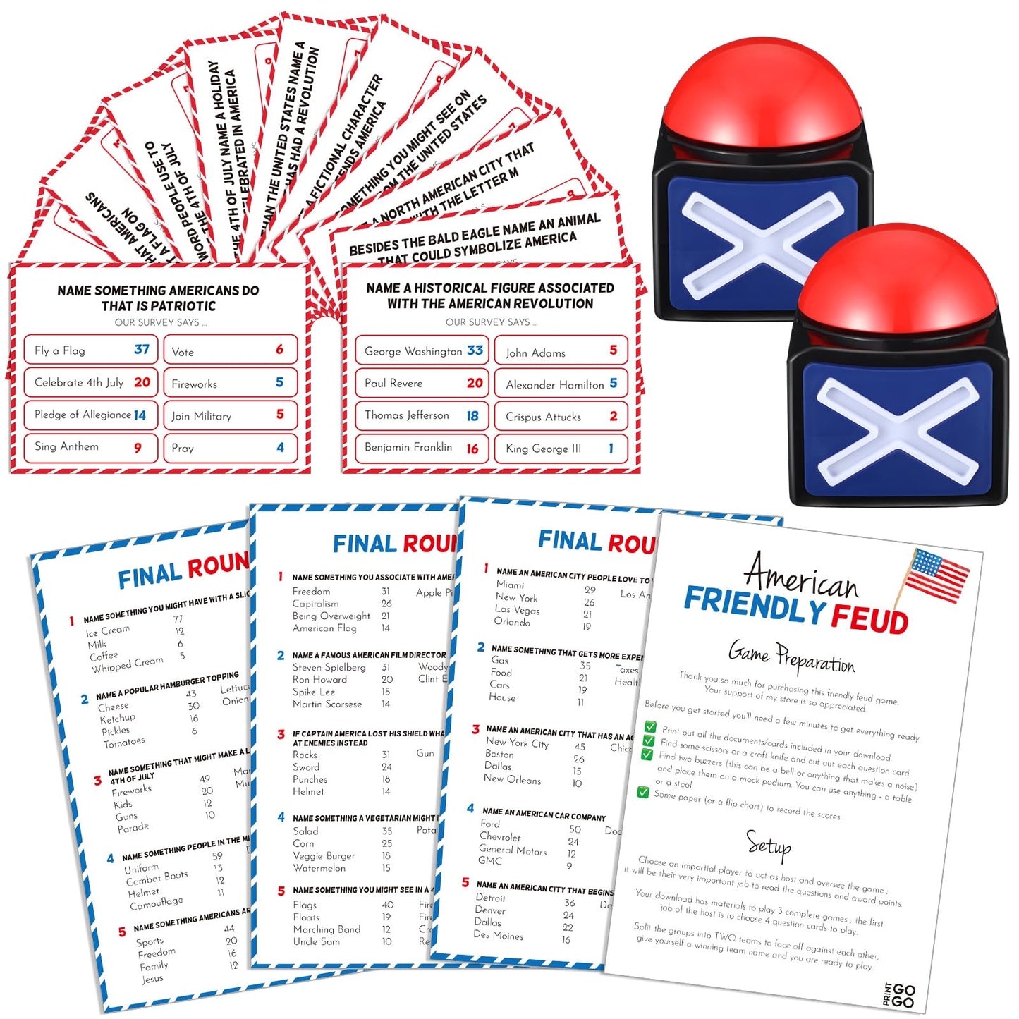 Syhood 4th of July Friendly Feud Game with Answer Buzzer  Patriotic Independence Day Feud Party Game  Fun Family Trivia Quiz Night for Party Office mature-themed Groups(Independence Day)