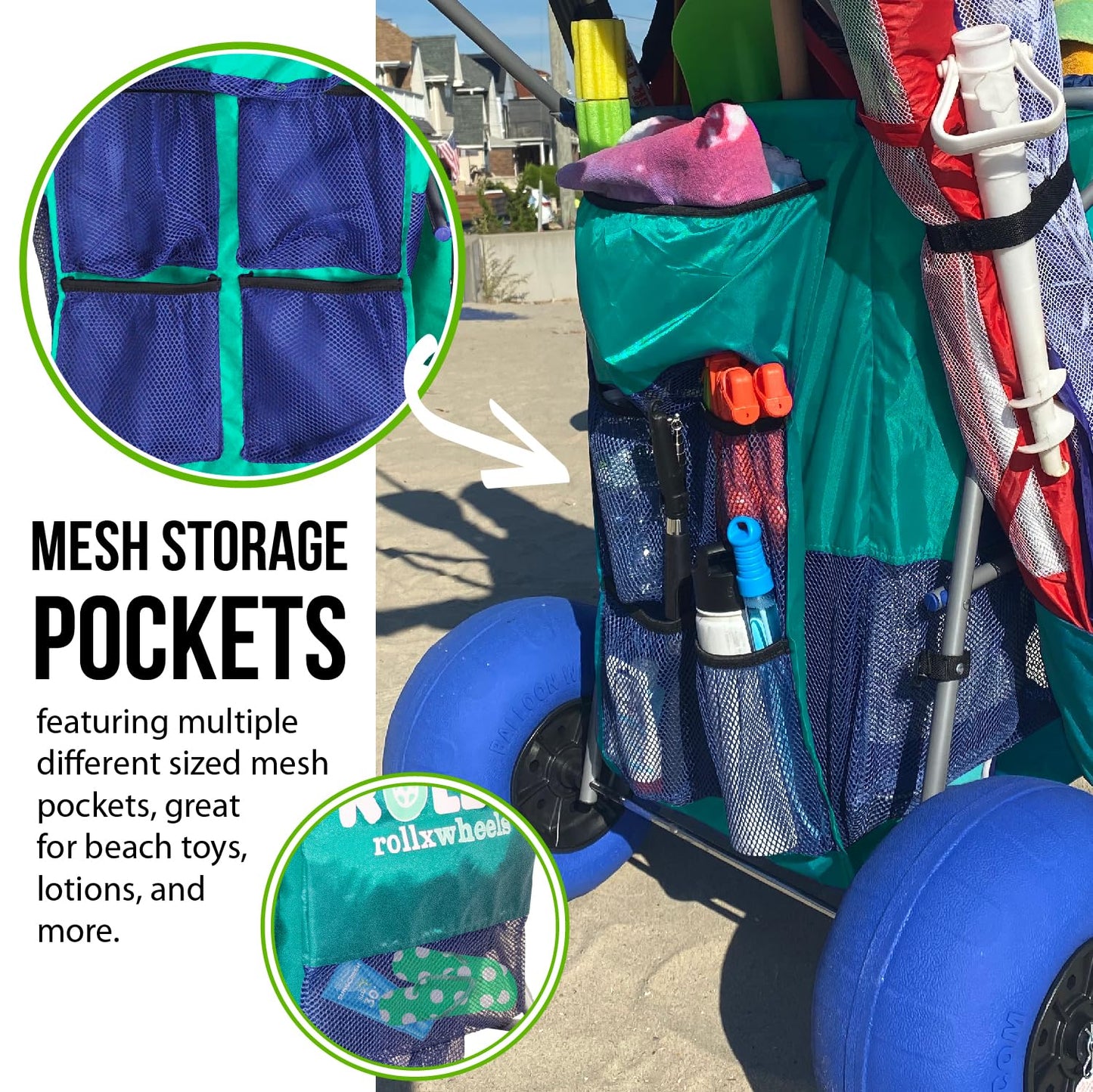 Rollx Beach Cart With 4 Balloon Wheels For Sand, Foldable Storage Wagon With Rear 13 Inch Beach Tires, Front 7 Inch Beach Tires