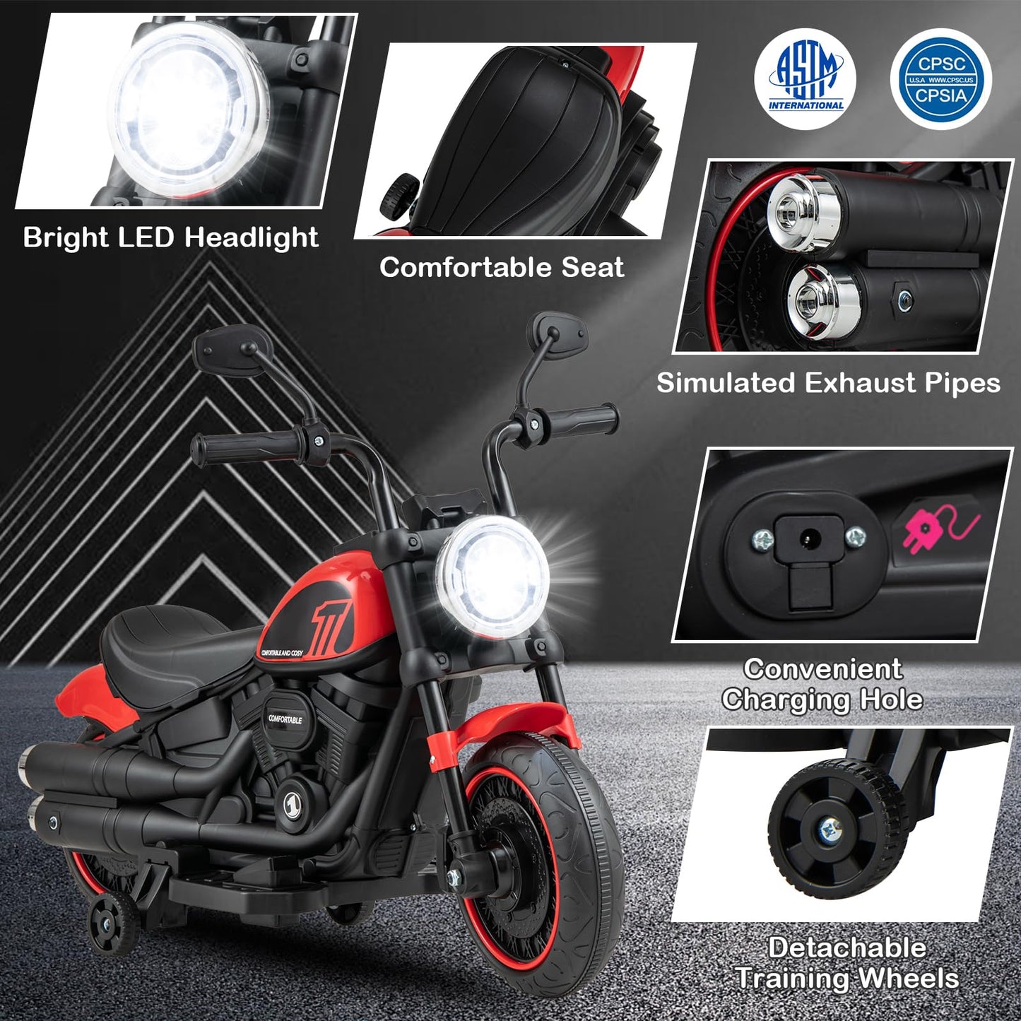 Costzon 6V Battery Powered Toddler Motorcycle, Red, 30"x17"x23", Detachable Training Wheels, Soft Start, Headlights & Music, Model AHL008