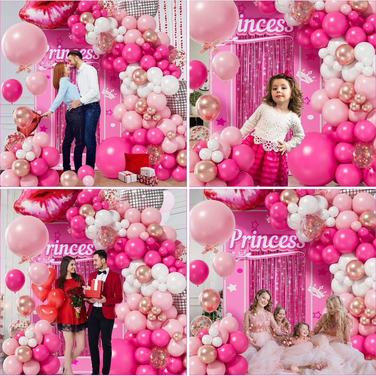 Pink Balloon Garland Arch Kit With Hot Pink Rose Gold Chrome Balloons With Heart Lip Silver Disco Ball Balloon For Girls Birthda