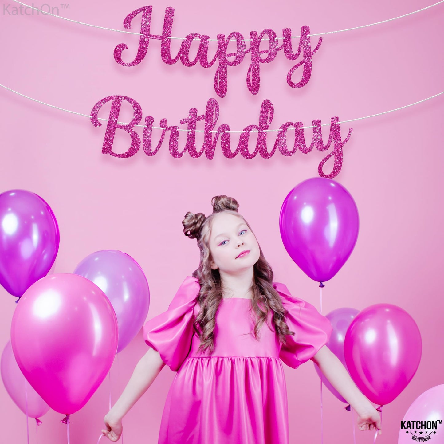 Katchon Glitter Hot Pink Happy Birthday Banner - 10 Feet | Cursive Letters, Birthday Decorations | Backdrop For Pink Party Decorations