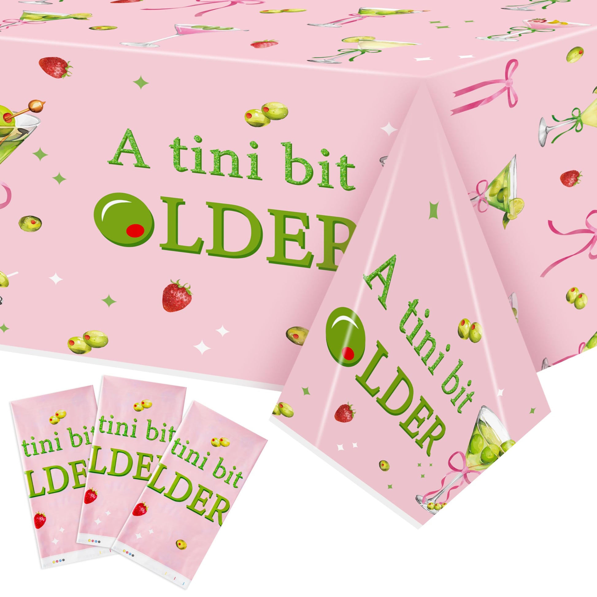 Pink Green Martini Party Tablecloths - 3Pcs A Tini Bit Older Birthday Table Covers, Martini Bow Themed Party Decoration Plastic 