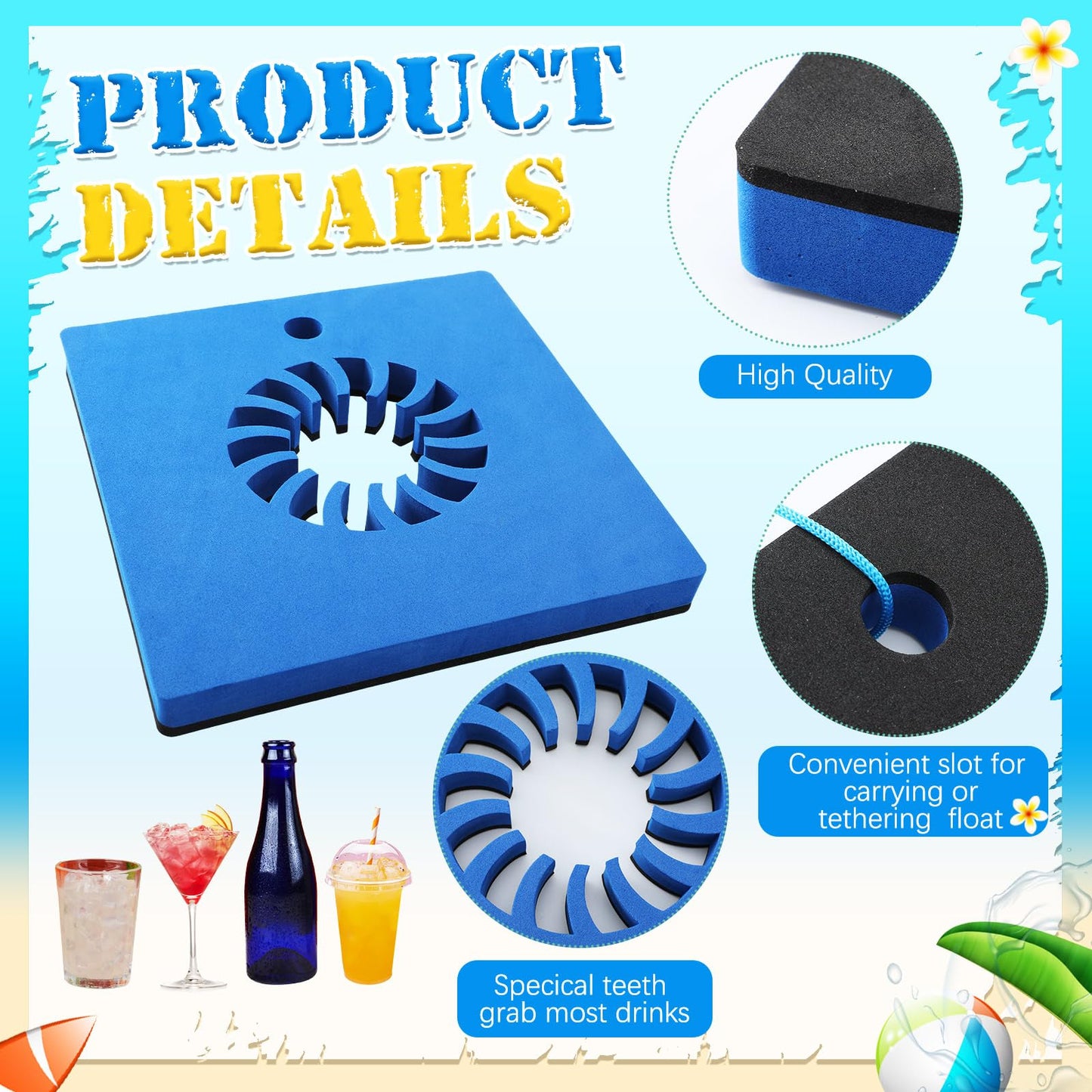 Newtay 4 Pcs Foam Floating Drink Holder For Pool 9.5 Inch Blue And Black Refreshment Table Tray Portable Tumbler Pool Bar Access
