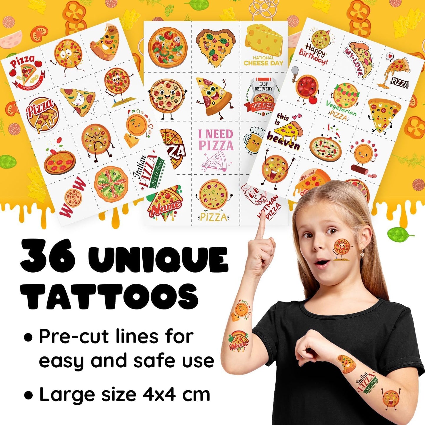 BOIKOKY 60 PCS Pizza Party Favors Set - 36 Temporary Tattoos & 24 Slap Bracelets, Multicolor, Ideal for Kids' Birthday Parties & Rewards