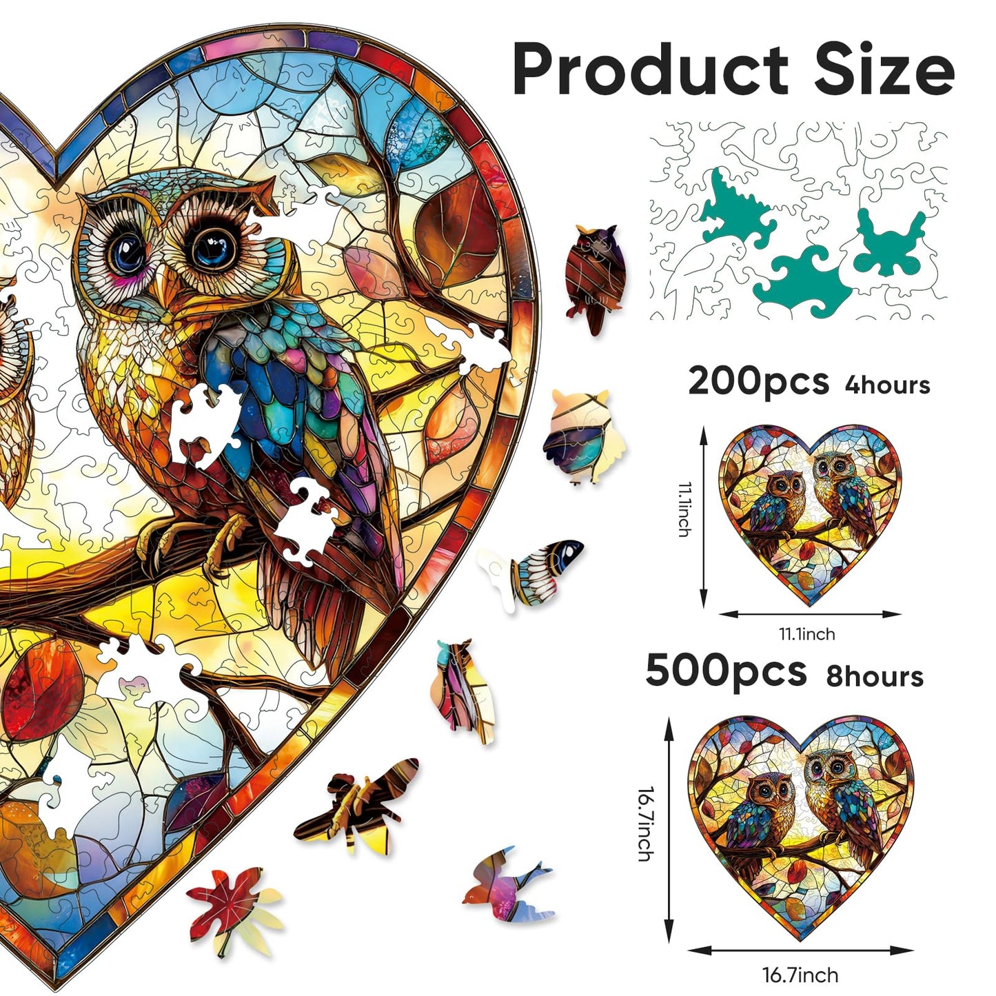 Stained Glass Heart Owls 500 Pieces Wooden Puzzles For Adults Unique Irregular Shape Fun Challenging Birds Puzzles For Kids And