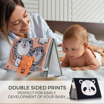 Soft Tummy Time Book W/ Large Stimulating Baby Safe Mirror - Fun High Contrast Montessori Toy W/ Mirror, Crinkle Filling & Silic