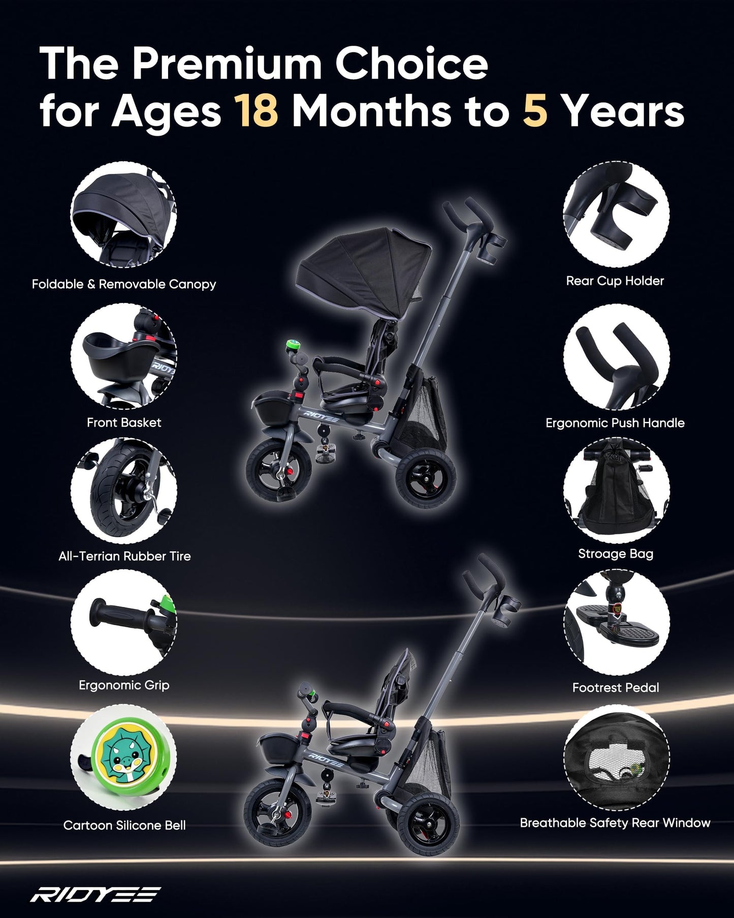 RIDYEE 7-in-1 Toddler Tricycle for 18 Months to 5 Years, Tricycle for Toddlers with Rotatable Seat, Tricycle Stroller with All-T