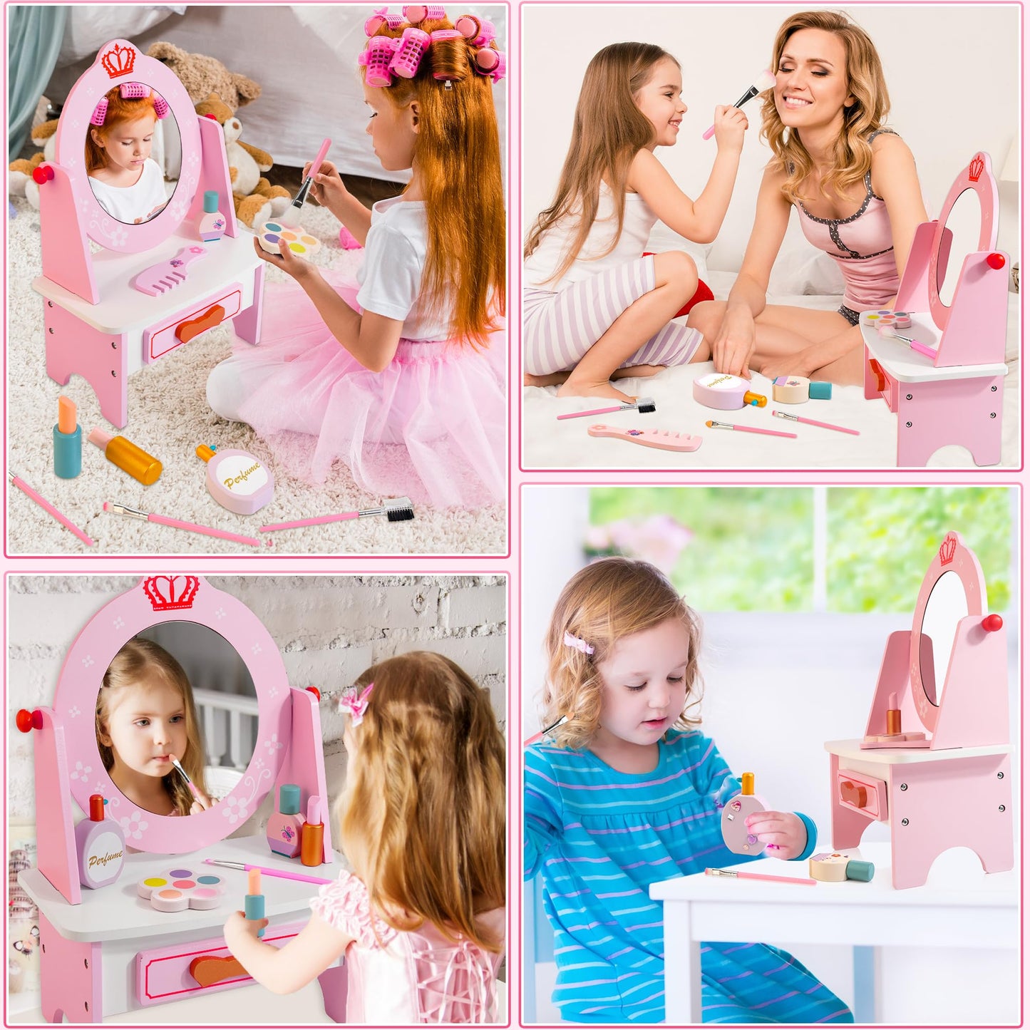 Wooden Vanity Set For Kids, Pretend Play Toddler Makeup Vanity With Acrylic Mirror, Beauty Salon Play Set For Little Girls Age 3