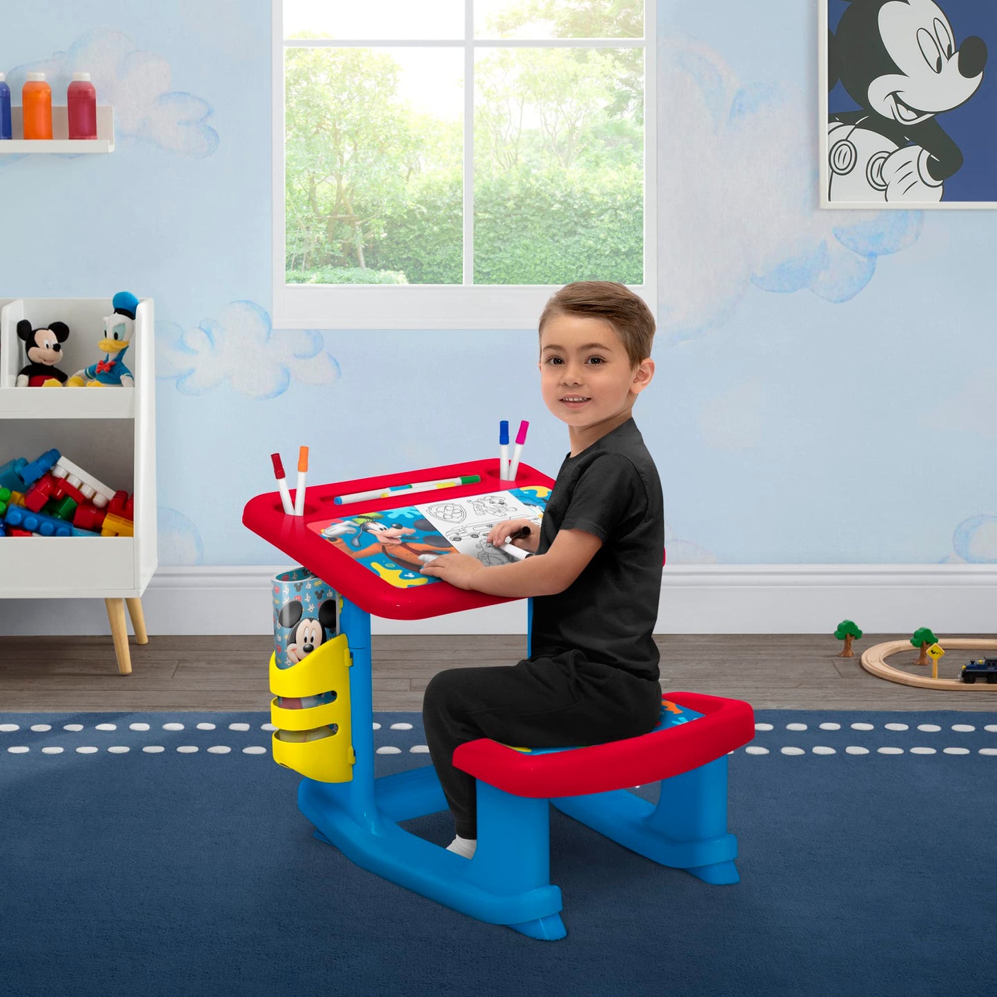 Delta Children Disney Mickey Mouse Draw and Play Desk - Small Blue, Plastic, Includes 10 Markers & Coloring Book, Model TT87461MM-1054
