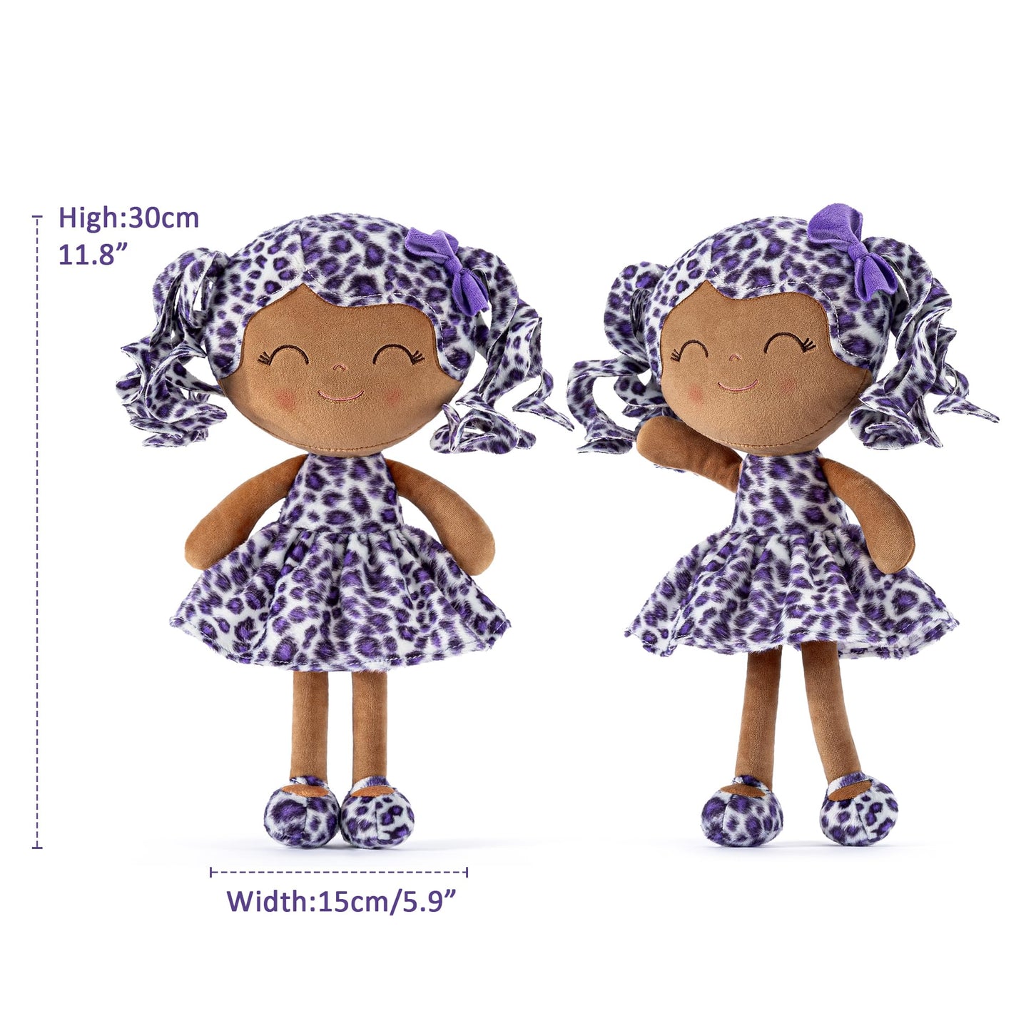 Gloveleya Doll Baby Dolls Soft Doll Baby Girl Gifts Curly Hair Brown Purple Leopard Dress Spring Girl 12Inches