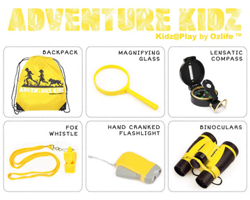 Adventure Kidz Outdoor Exploration Kit, Yellow Backpack, Binoculars, Magnifying Glass, Lensatic Compass, Fox Whistle For Boys And Girls