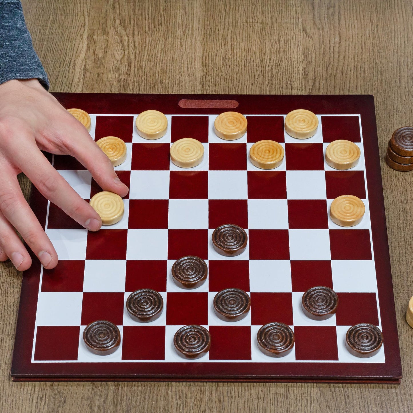 Attatoy Classic Stackable Wooden Checkers In Natural Wood Color (24 Pieces); With Drawstring Cloth Storage Bag, 1 1/8 Inch