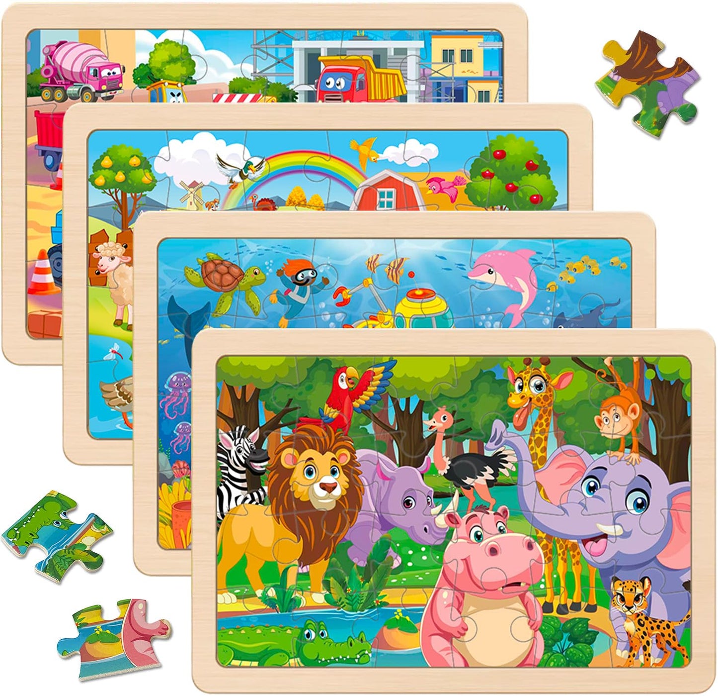 Wooden Puzzles for Kids Ages 4-6  4 Packs 24 PCs Jigsaw Puzzles Preschool Educational Toys Gifts for Children Ages 3-8  Kids Puzzle for 3+ Year Olds Boys Girls