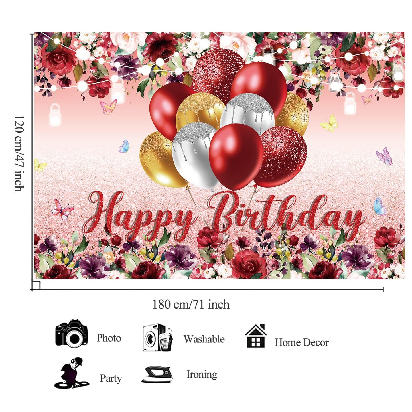 YinQin Red Flower Happy Birthday Backdrop 180x120 cm Floral Photography Background for Girls and Women