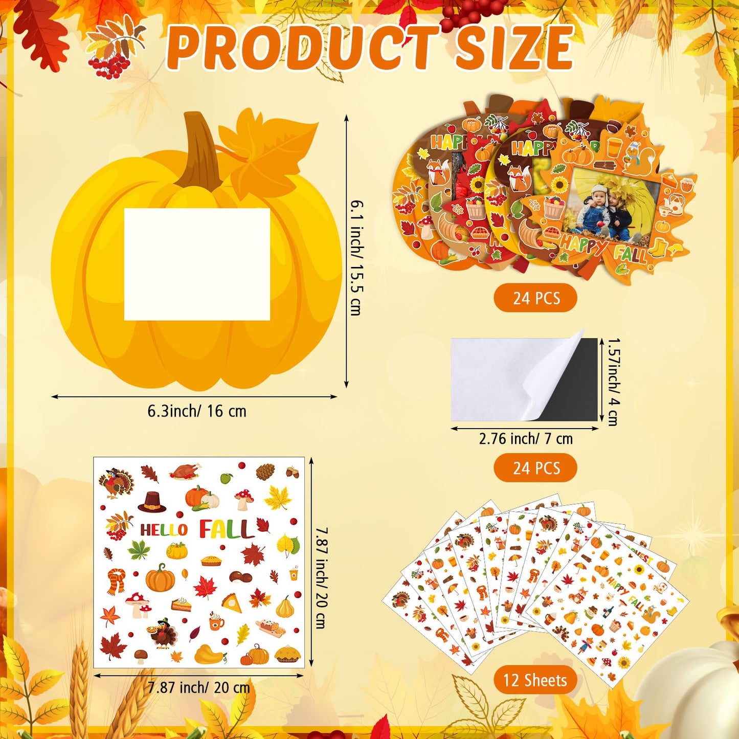 Blosssound 24 Sets Thanksgiving Fall Picture Frame Craft Kits Thanksgiving DIY Photo Frames with Stickers Pumpkin Photo Autumn G