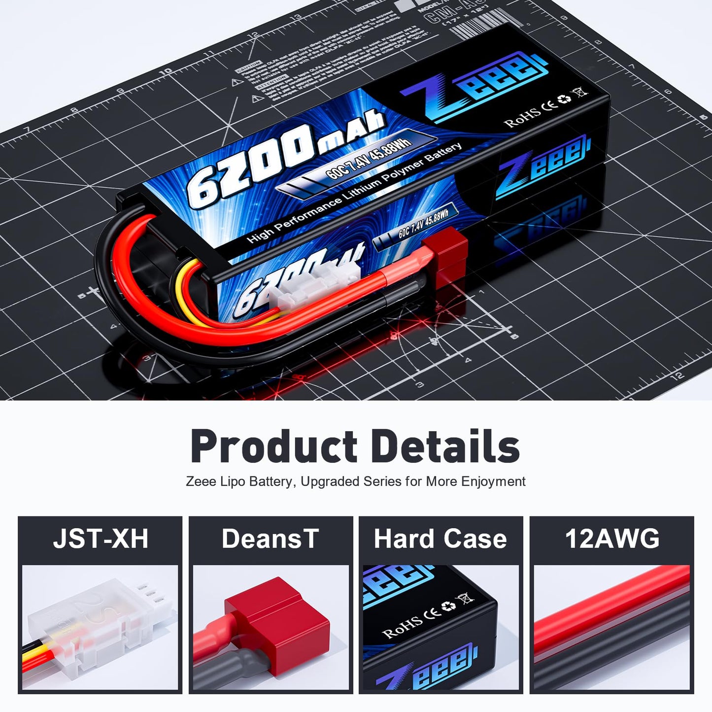 Zeee 2S Lipo Battery 6200mAh 7.4V 60C Hard Case Battery with Deans T Connector for RC Vehicles Car Truck Truggy Boat Racing Hobb