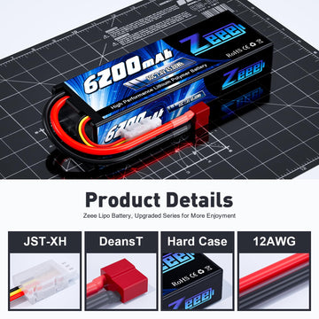 Zeee 2S Lipo Battery 6200mAh 7.4V 60C Hard Case Battery with Deans T Connector for RC Vehicles Car Truck Truggy Boat Racing Hobb