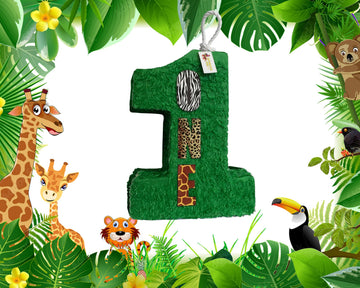 Apinata4U Large Green Number One Pinata, Jungle Theme For Kids Party, Animal Print Birthday Party, Boys And Girls 1St Birthday, Safari Theme Party Decor, Party Favor For Kids, 20 X16 X 4 Inches