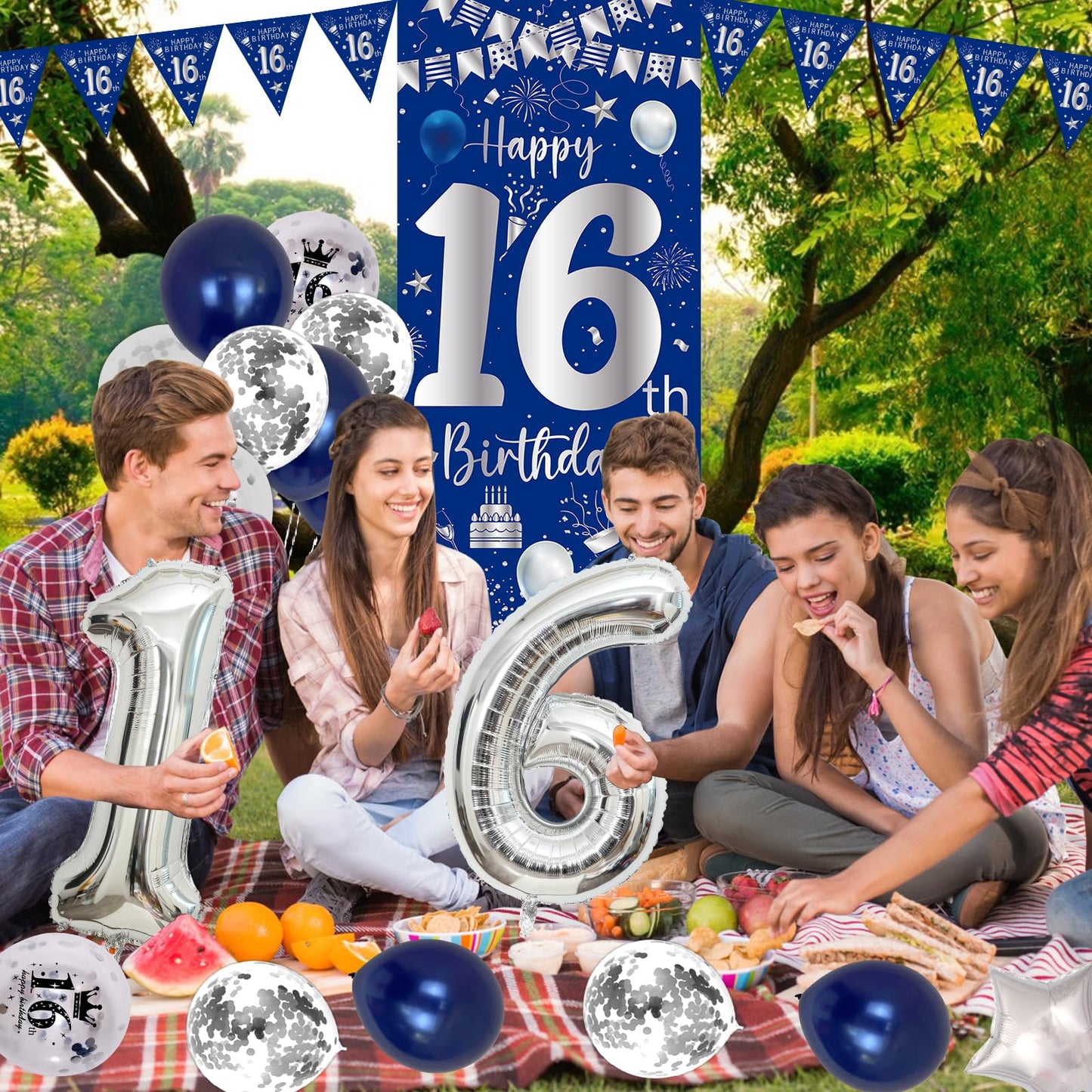 16Th Birthday Decorations For Boys Girls, Blue Silver Happy 16Th Birthday Decorations Door Banner 32'' Number 16 Foil Balloon 33