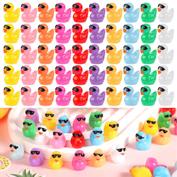 100Pcs Mini Resin Ducks, Tiny Colorful Miniature Duck With Sunglasses Micro Figures Toy For Decor Diy Dollhouse Party Birthday Ornament Landscape Aquarium Garden Potted Plant Decoration (10 Colors)