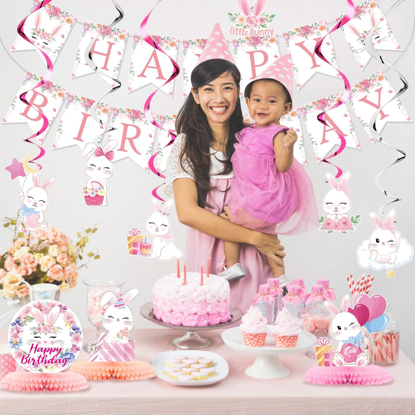 26 Pcs Easter Bunny Birthday Party Decorations Kit Bunny Party Supplies Bunny Birthday Banner Bunny Honeycomb Centerpiece Rabbit