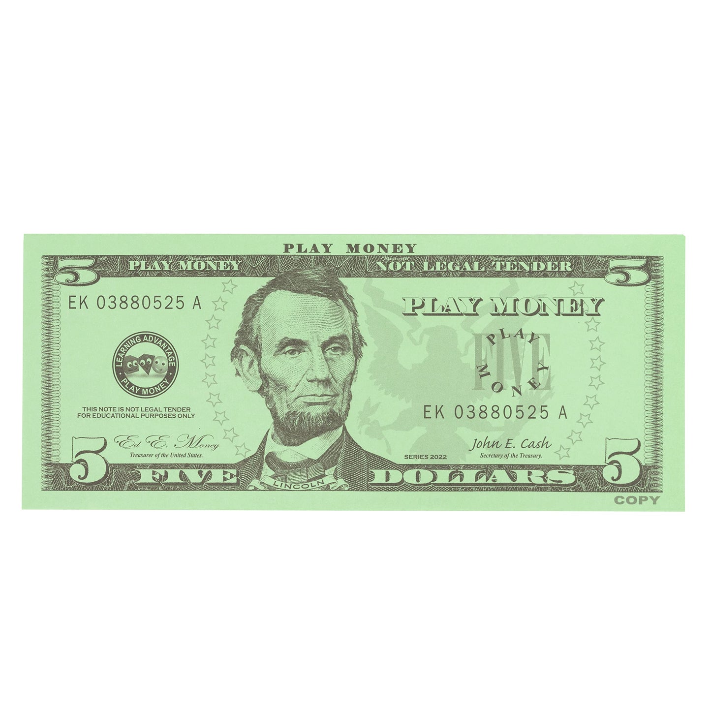 LEARNING ADVANTAGE Five Dollar Play Bills - Set of 100 $5 Paper Money for Teaching Currency & Math - Small, Multi, Model 7519