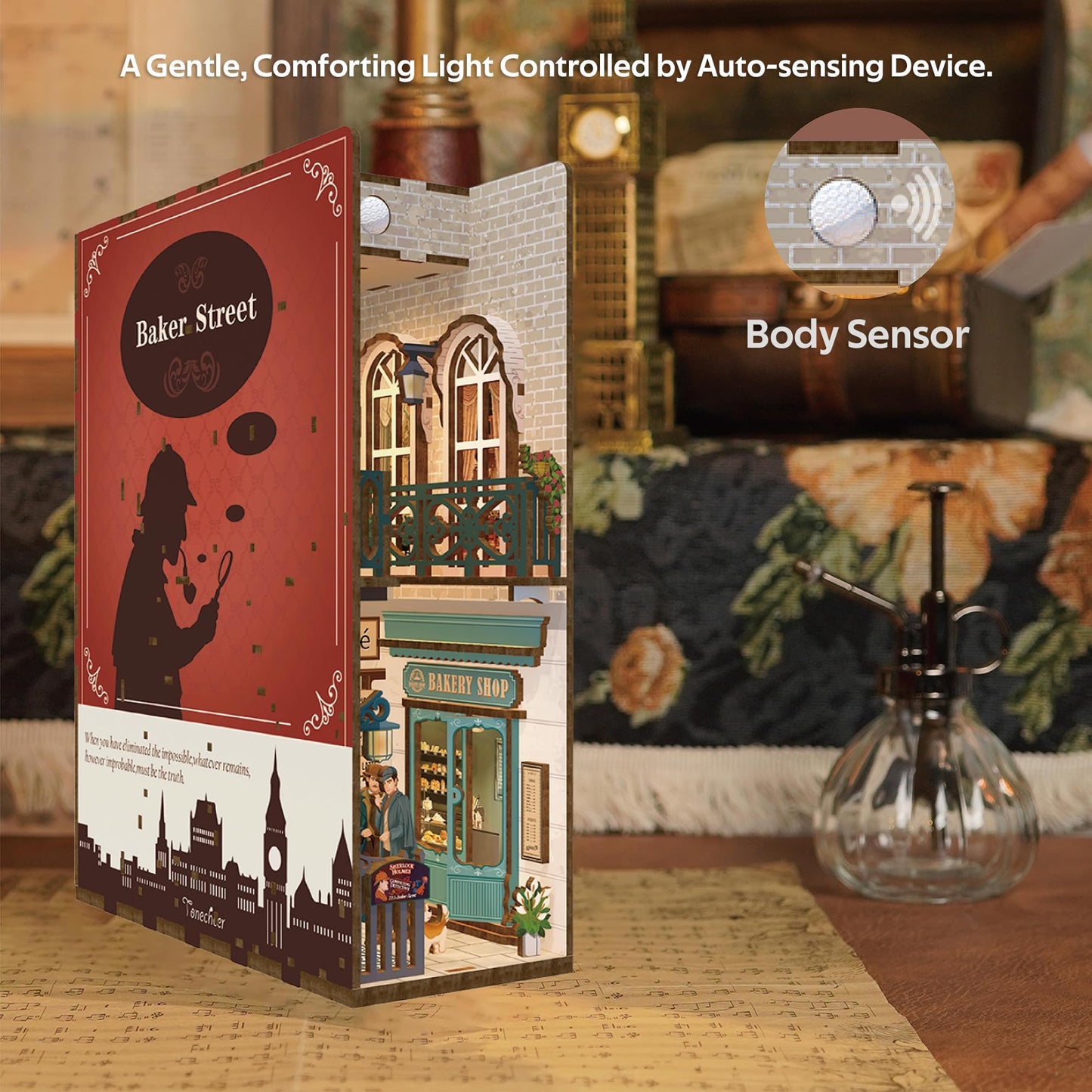 Tonecheer Diy Book Nook Kit For Adults, 3D Wooden Puzzle Bookend Bookshelf Insert Library Decor, Booknook Miniature House Kit Wi