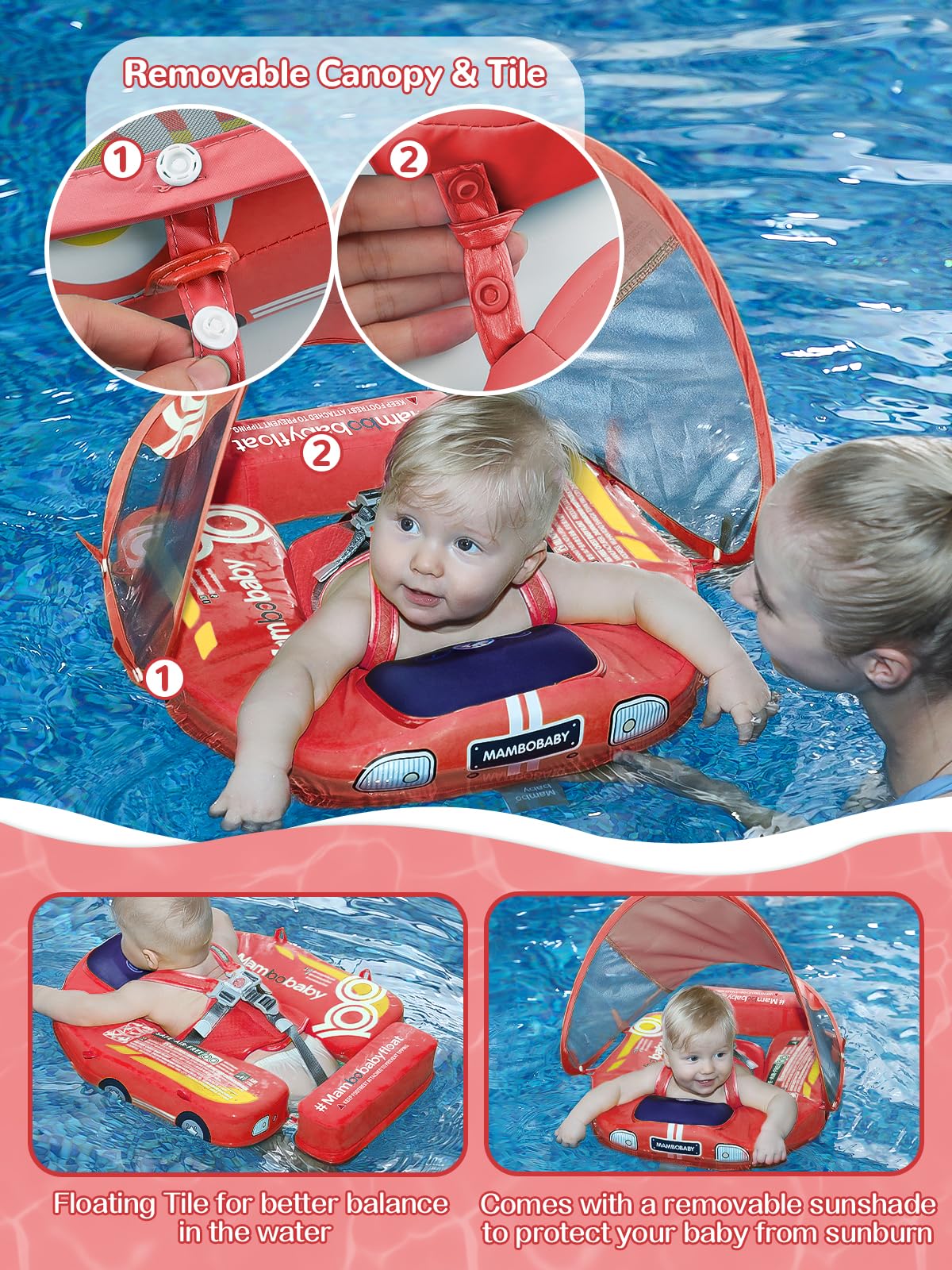 Mambobaby Baby Pool Float with Canopy  Kalolary Non-Inflatable Baby Swim Float Infant Swim Trainer Ring Toddler Pool Float with Adjustable Strap & Tile for 3-24 Months Age Boys Girls (Red Car)