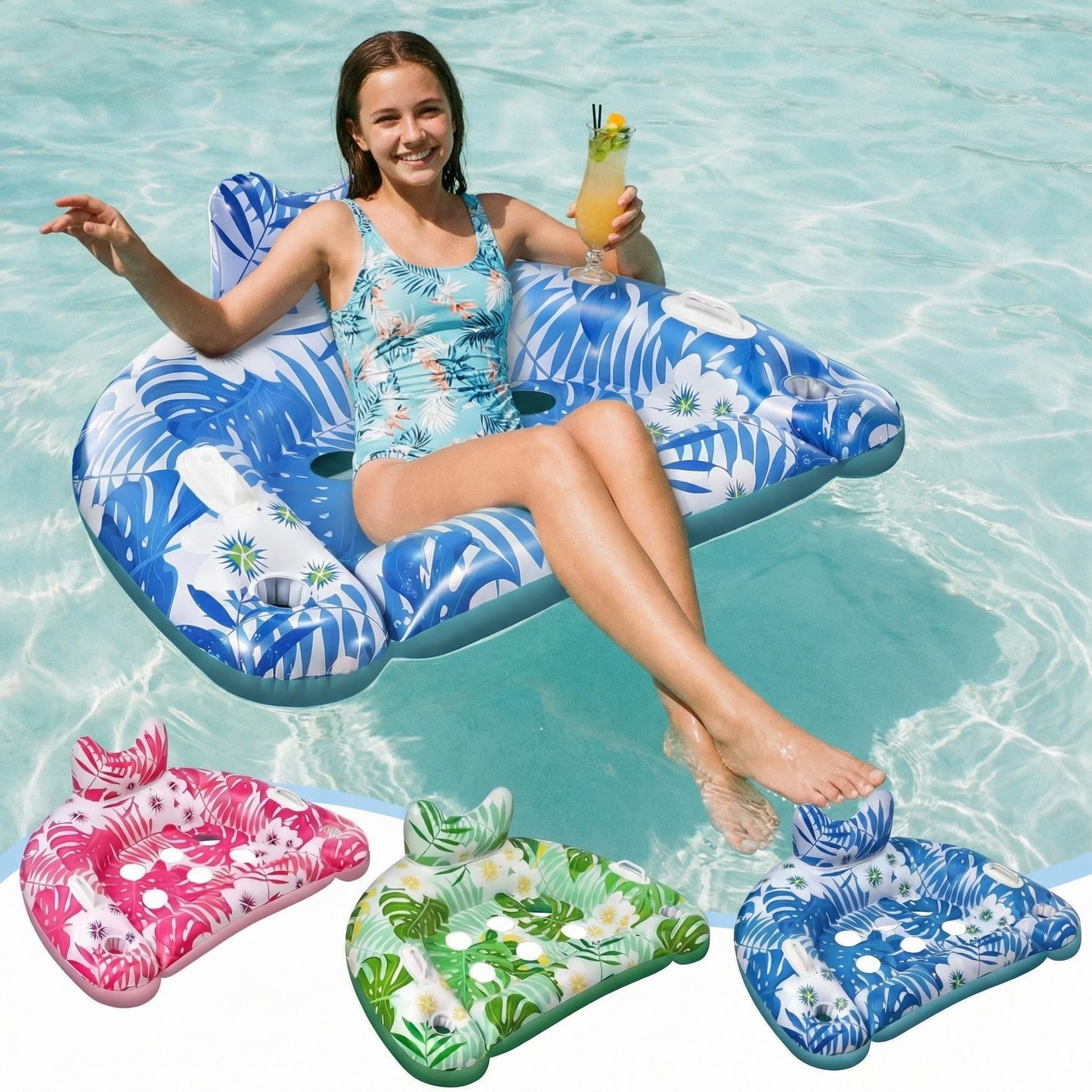 Ornnut Pool Floats Kids, 3 Packs Valued Pool Float Chairs for Kids, Upgraded Pool Chairs with Cupholders & 2 Handles, Summer Poo