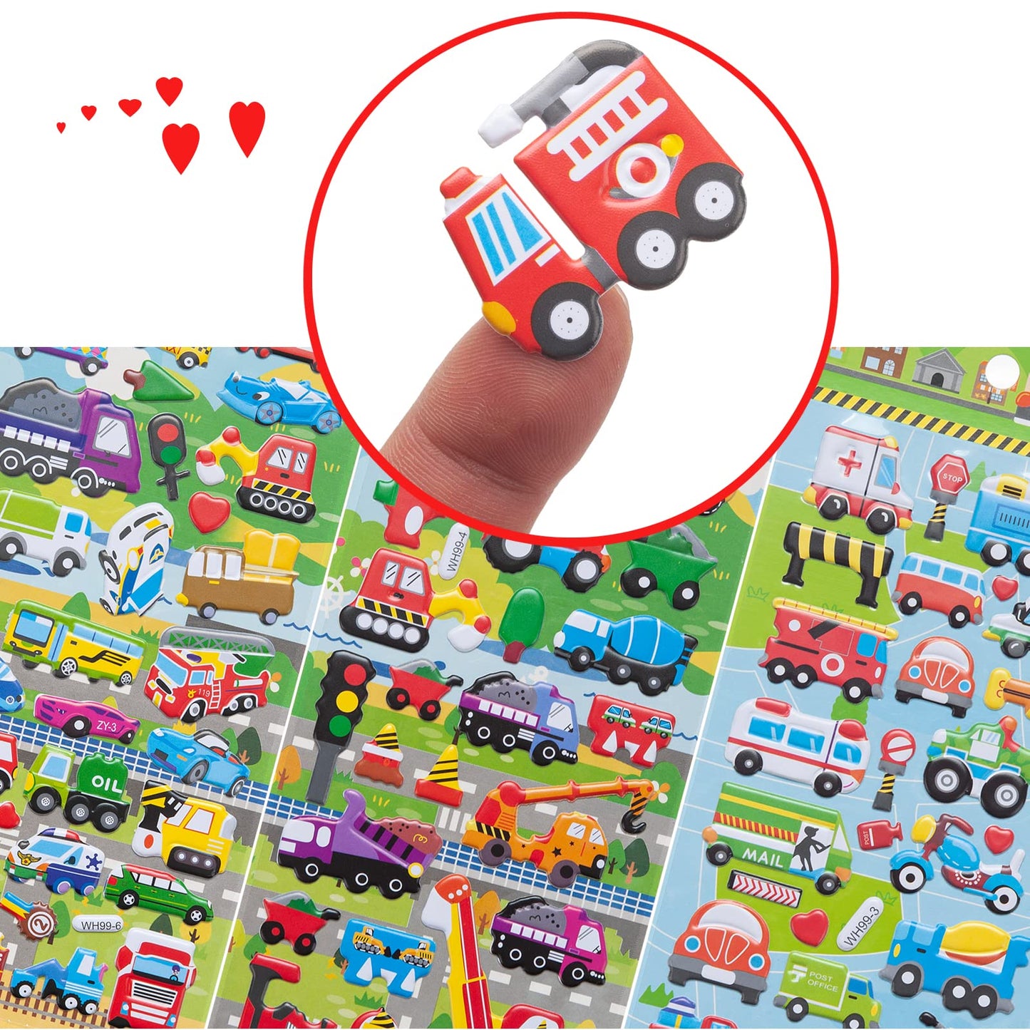 3D Puffy Car And Vehicle Stickers For Kids Toddlers, 6 Packs Reusable Foam Truck Stickers For Boys With Construction Trucks, Tra