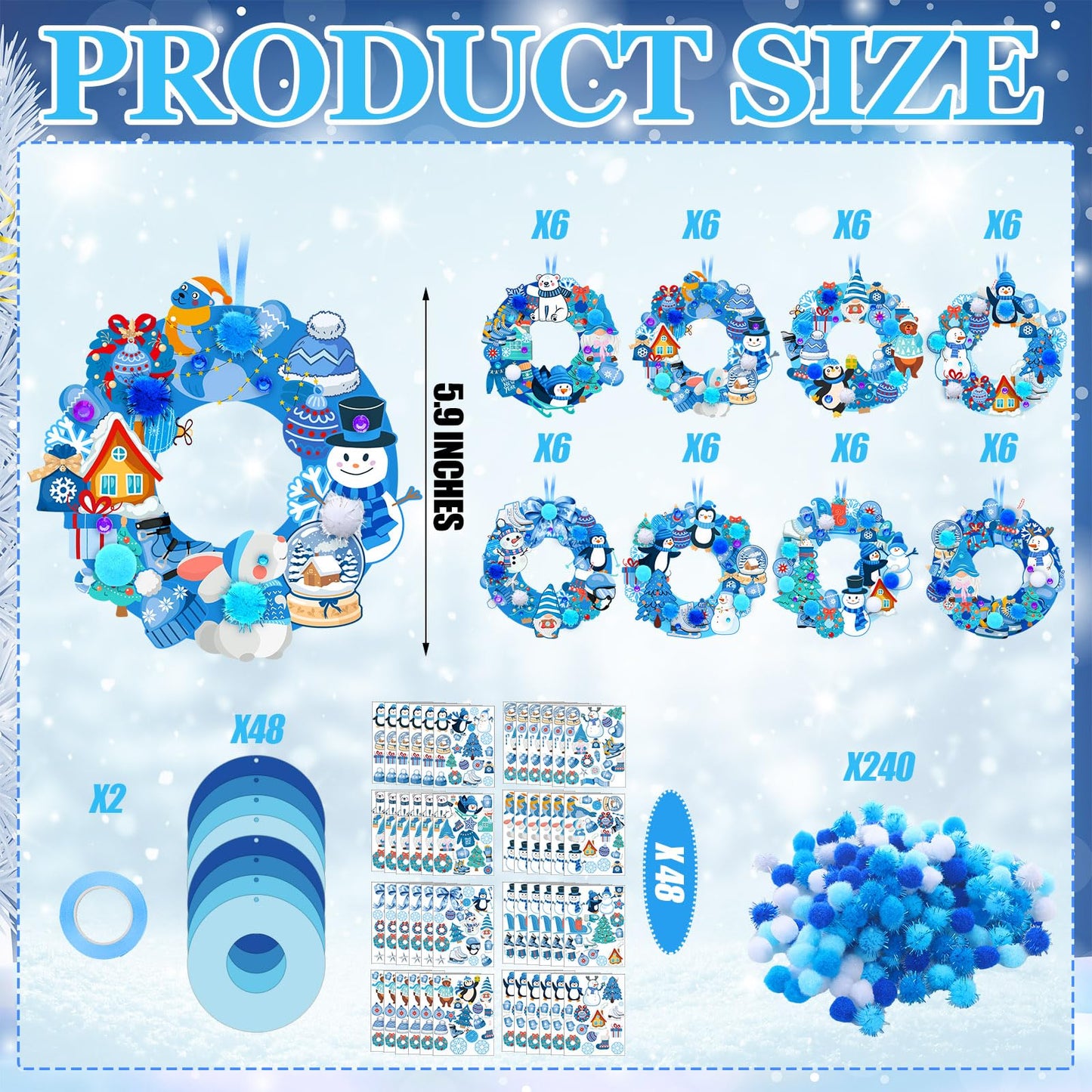 Hollowfly 48 Sets Winter Wreath Craft Kits for Christmas Snowflake Wreath Ornaments Decorations Make Your Own Snowman Santa Foam