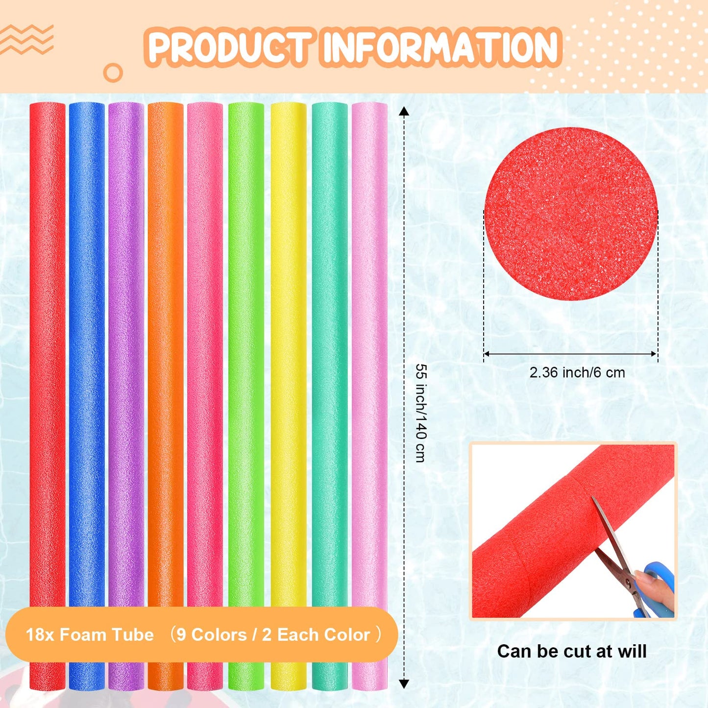 Yaomiao 18 Pcs 55 Inch Bulk Pool Noodles Jumbo Foam Pool Noodles In The Swimming Pool Colorful Thick Noodles For Adults Floating
