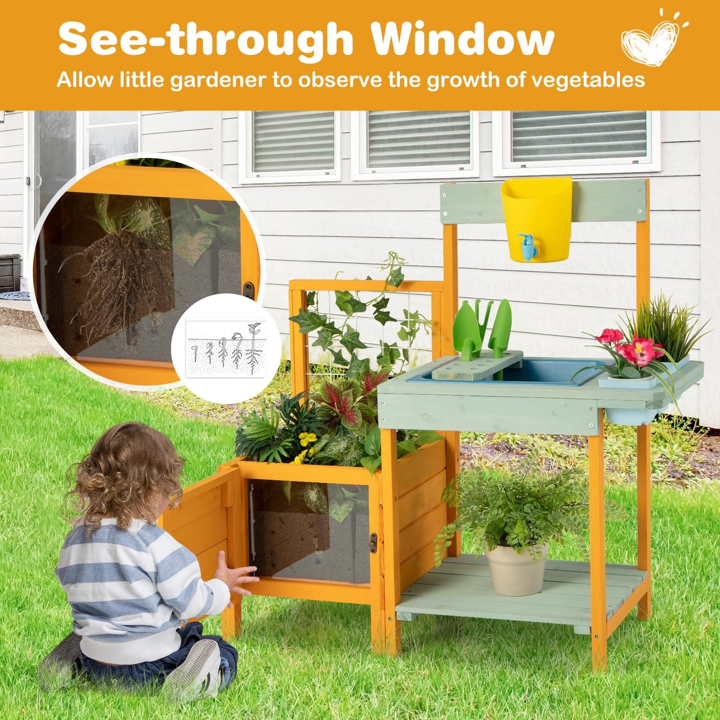 Costzon Mud Kitchen, Kids Potting Bench with Garden Bed & See-Through Window, Trellis, Kids Kitchen Playset w/Sink, Faucet, Stor