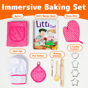 JaxoJoy Kids Cooking and Baking Chef Set - Pink Toddler Dress Up Clothes, Complete Kitchen Toys for Girls Ages 3-5, 11.1x9.4x1.4 inches