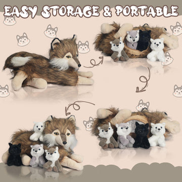 5Pcs Wolf Stuffed Animal Plush Wolf Toys Inside 16 Inch Mommy Wolf Plush With 4 Cute Baby Wolves In Her Zippered Tummy Soft Wolf