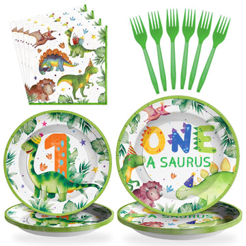 Grencian 96Pcs Dinosaur 1st Birthday Decorations for Boy, One a Saurus Party Supplies, Watercolor First Disposable Plates for 1 