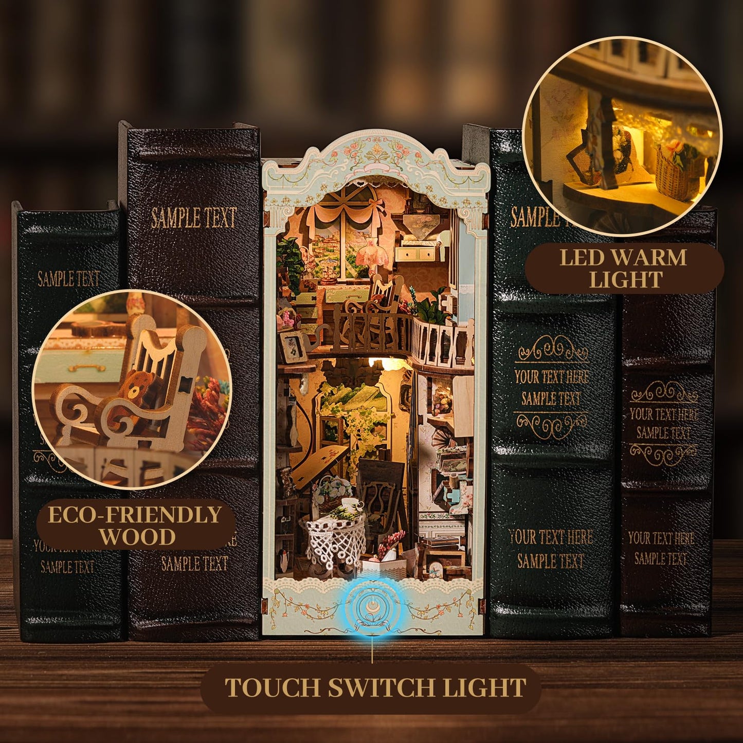 Diy Book Nook Kit - Bookend Diorama With Led - 3D Wooden Puzzle Diy Miniature House Kits - Bookshelf Insert Decor - Booknook Dol