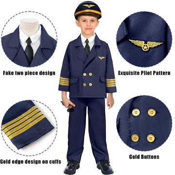 Latocos Pilot Aviator Costume For Kids Boys Girls Ages 3-12 Airline Captain Uniform Air Force Flight Suit For Career Day Dress U