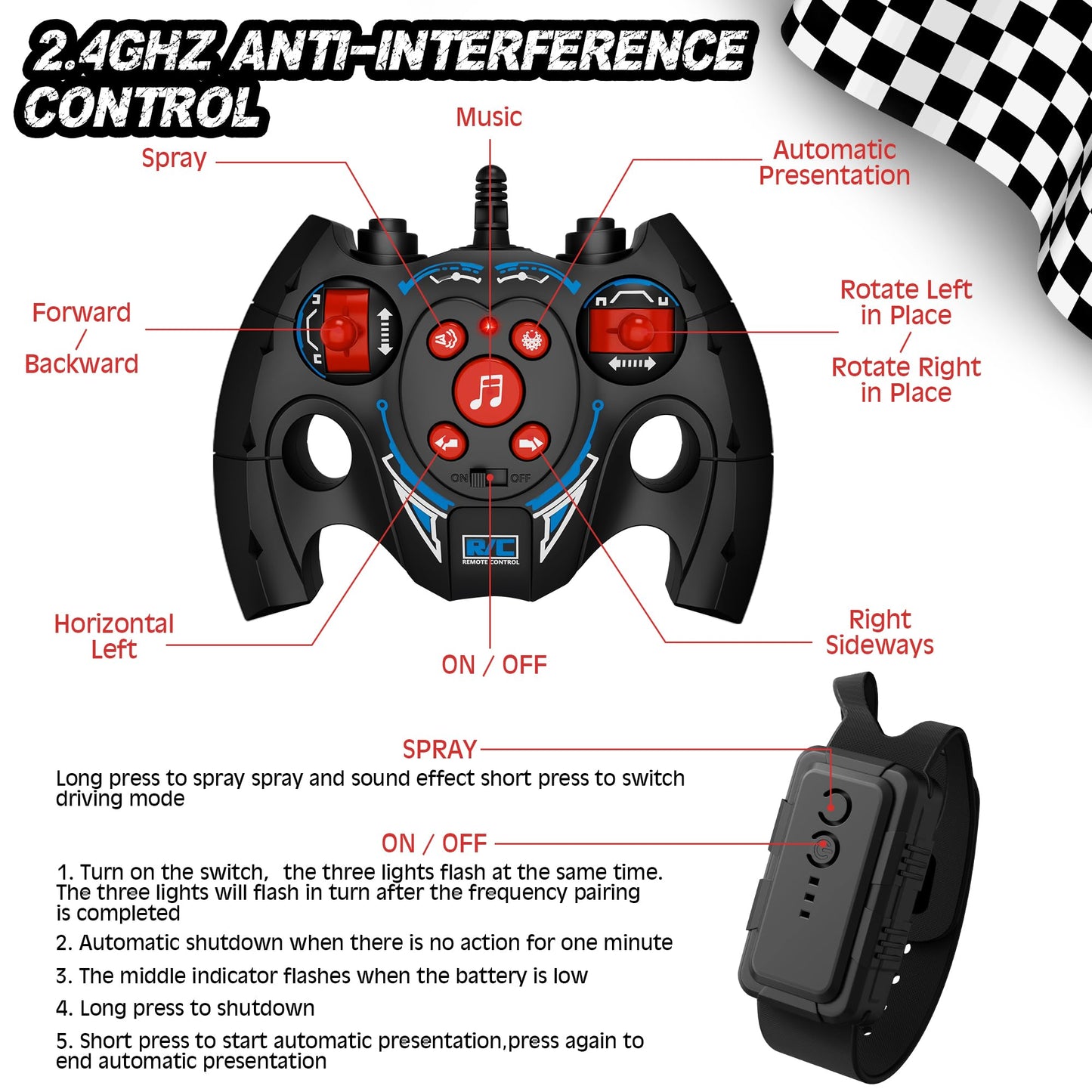 Rc Stunt Car, Gesture Sensing Rc Cars For Boys Girls, 2.4Ghz 4Wd Remote Control Car With 360 Rotating, Lights, Music, Spray, Toy