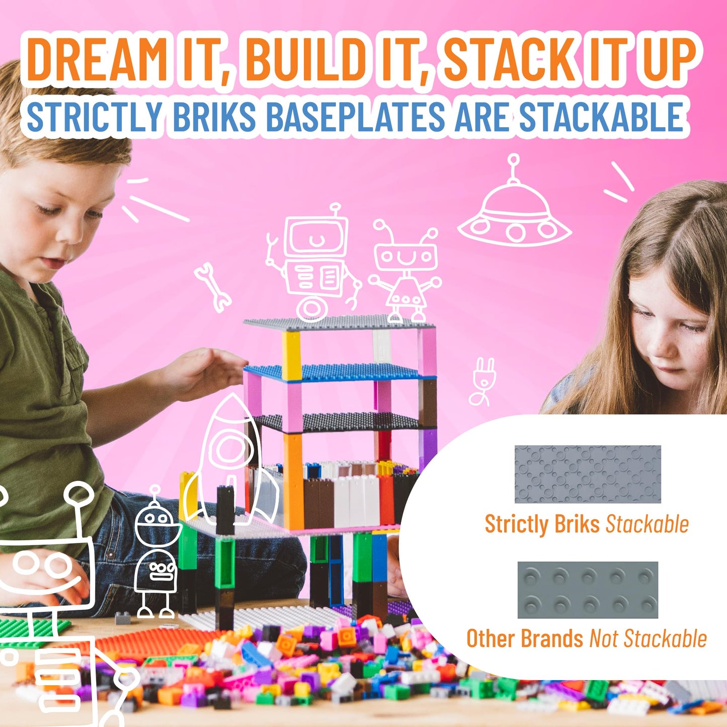 Strictly Briks Compatible With Lego Classic Stackable Baseplates, Building Bricks For Towers, Shelves, And More, Charcoal Gray,